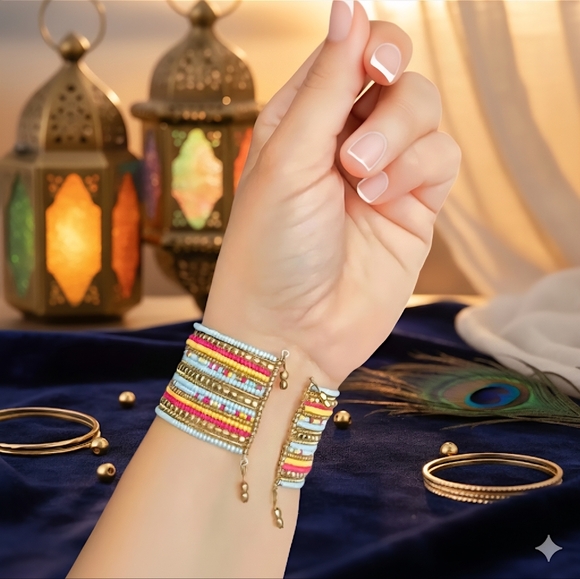 ποΈIndian Artisanal Beaded Boho Chic Cuff Bracelet | Pastel & Brass Statement πΌ - Picture 12 of 14